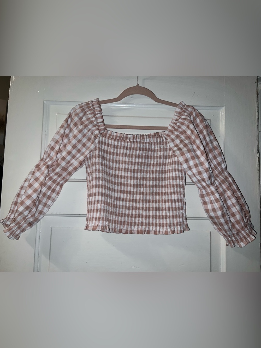 miami pink and White Gingham Smocked Square-Neck Crop Top